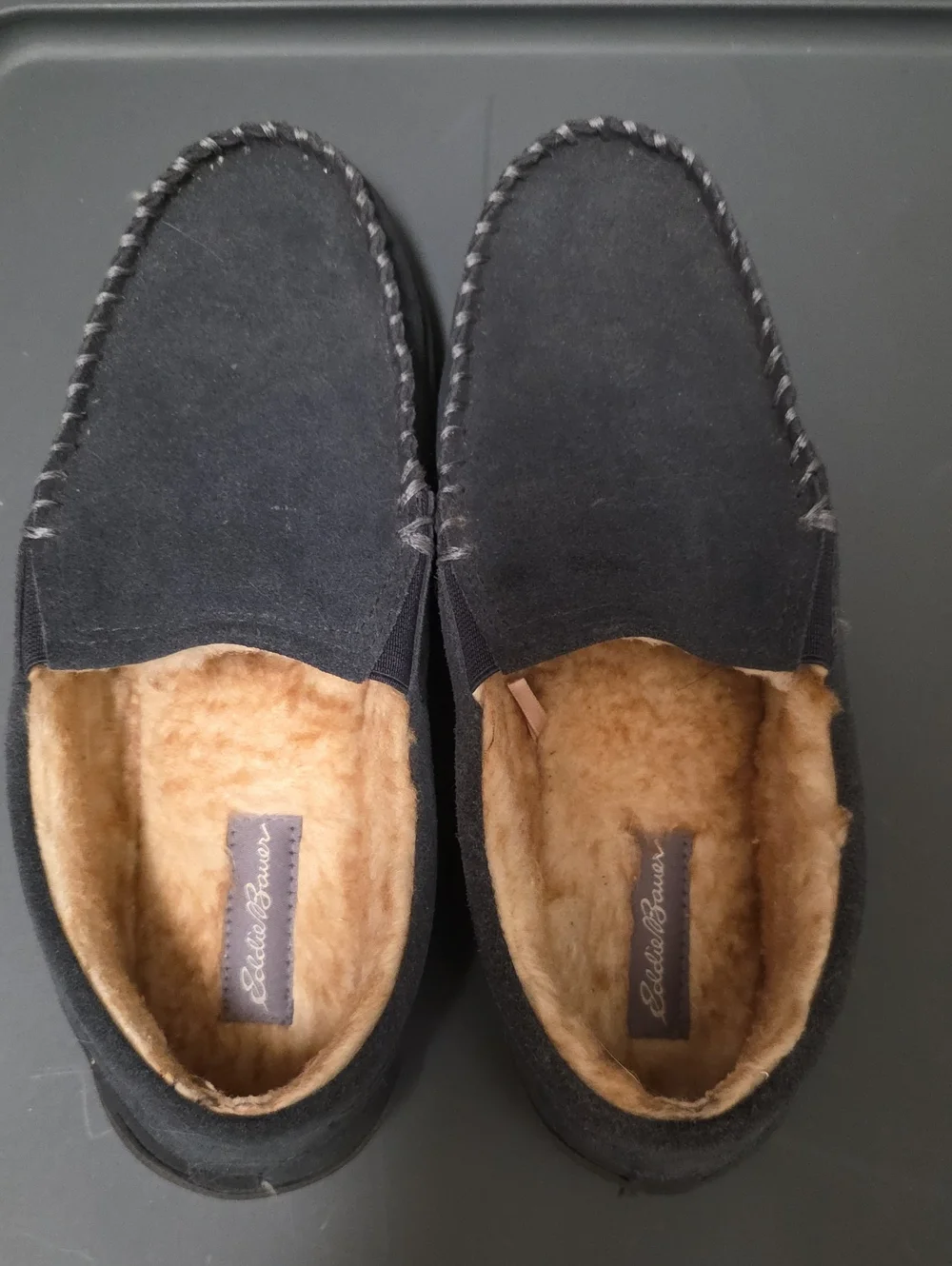 Eddie Bauer Black Slip-On Moccasins with Tan Fleece Lining